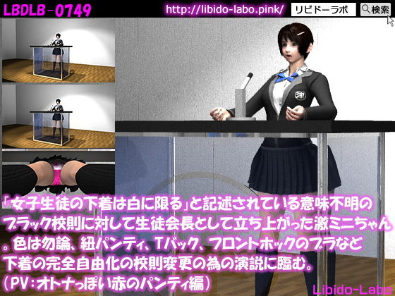 【「女子生徒の下着は白に限る」と記述されている意味不明のブラック校則に対して生徒会長として立ち上がった激ミニちゃん。色は勿論、紐パンティ、Tバック、フロントホックのブラなど下着の完全自由化の校則変更の為の演説に臨む。（PV:大人びた赤いパンティ）】Libido-Labo